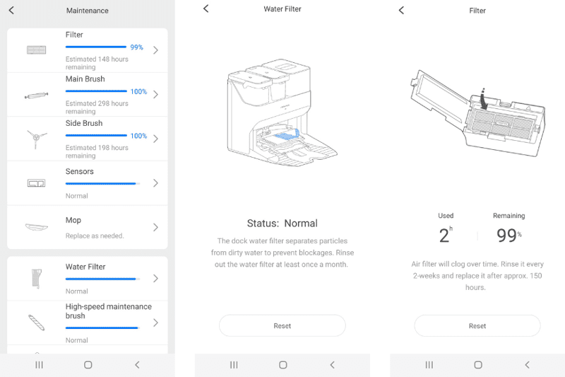 The maintenance information for each part is displayed in the Roborock S7 Pro Ultra app.